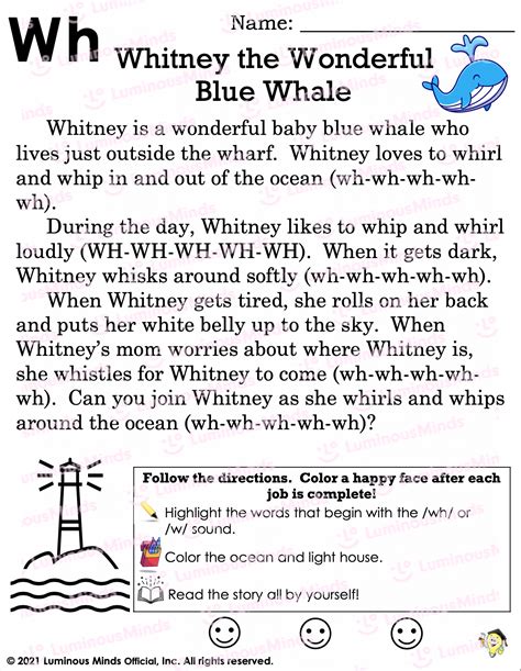 Whitney And Whistler Wh Phonics Stories Reading Comprehension Worksheet