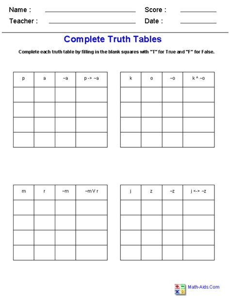 Truth Table Worksheet Pdf
