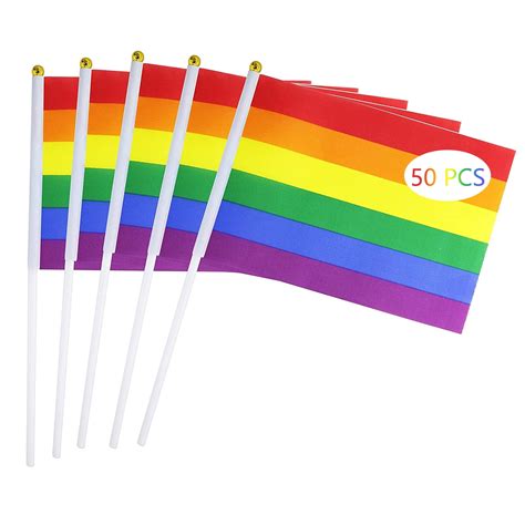 50 pack mini pride flag small lgbt rainbow flag hand held stick flags for gay lesbian bisexual