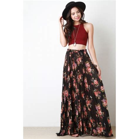 Collectivefab Floral Chiffon Accordion Maxi Skirt 275 Ron Liked On