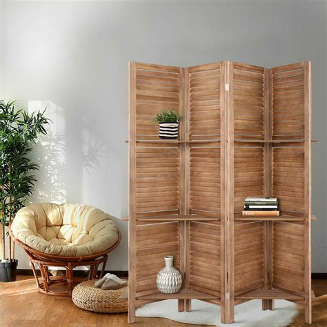 Artiss 4 Panel Room Divider Screen Privacy Dividers Shelf Wooden Timber