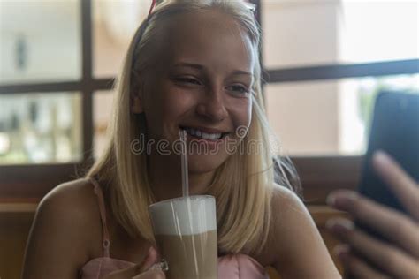 Teenage Girl Drinking Coffee And Talking On The Phone Stock Image Image Of Female Cute 228298195