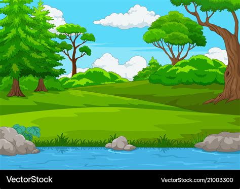 Forest Scene With Many Trees And River Royalty Free Vector