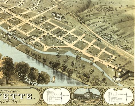 Lafayette Indiana In 1868 Birds Eye View Map Aerial