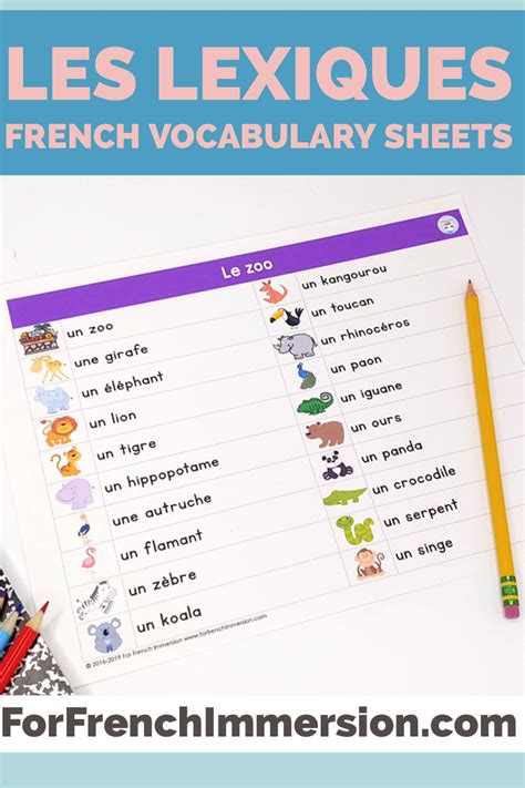 Free French Vocabulary Sheets Des Lexiques For French Immersion