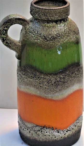 Large Retro Mcm West German Pottery Handled Vase Orange Green Bands W