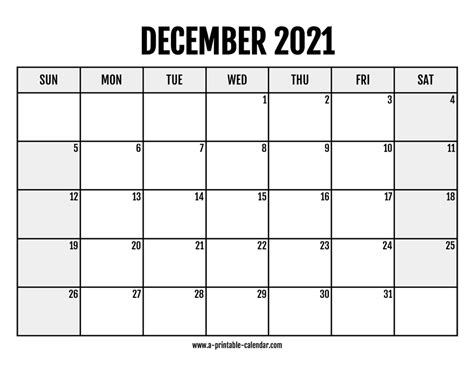 2021 December Calendar Printable A Printable Calendar