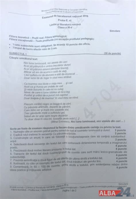 Aciune, secven narativ, conflict, relaii temporale i spaiale, construcia personajelor, incipit. SUBIECTE SIMULARE BACALAUREAT 2016 ROMANA CLASA A XI A