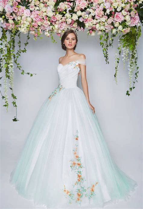Light Blue Off Shoulder Wedding Gown Embroidered Flowers