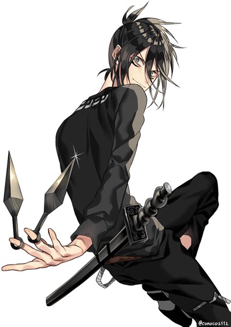an anime character with black hair holding two knives and wearing black pants sitting on the ground