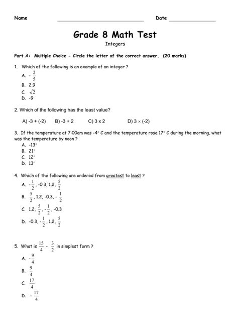 Grade 8 Integer Test Grade8 Math