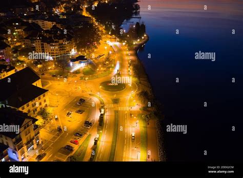 Aerial Night View Of Evian Evian Les Bains City In Haute Savoie