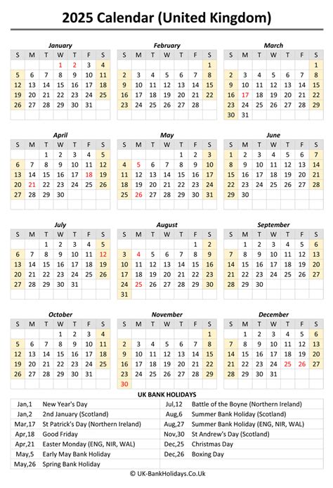 Download 2025 Uk Calendar Printable with Holidays (Portrait Layout)