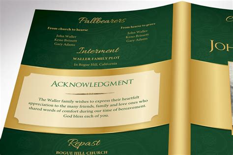 Green Gold Regal Funeral Program Word Publisher Template 4 Etsy