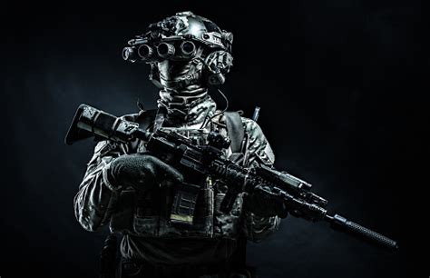 Modern Combatant Wearing Night Vision Device Black Background Stock