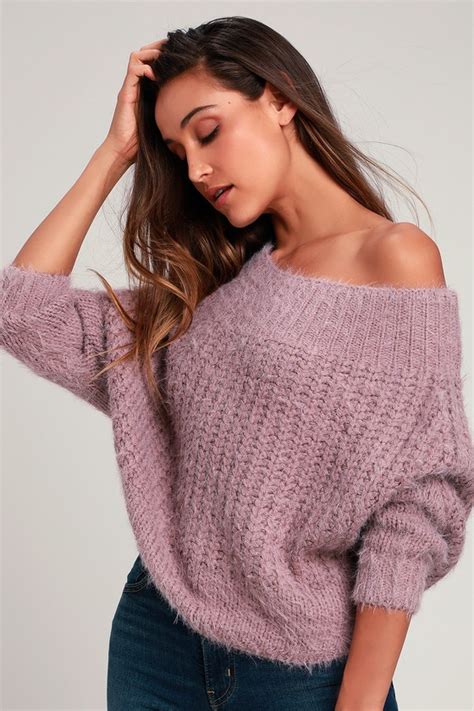 Sweet Dusty Purple Sweater Off The Shoulder Sweater Sweater Lulus