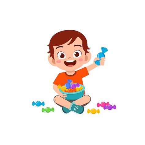 Premium Vector Happy Cute Little Kid Boy Eat Candy And Sweets