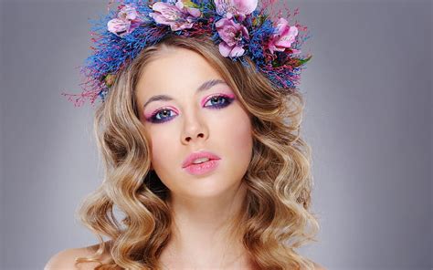 1920x1080px 1080p Free Download Beauty Wreath Girl Model Flower Face Woman Pink Blue