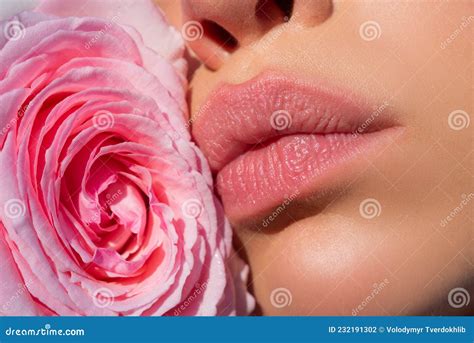 Close Up Woman Natural Lips And Beautiful Red Rose Lips With Lipstick