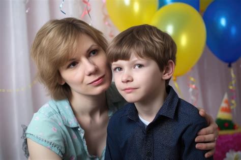Premium Ai Image Portrait Of A Mother And Her Son On His Birthday Created With Generative Ai