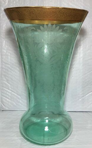 Vtg Cambridge Tall Rare Depression Glass Green Vaseline Etchings Gold