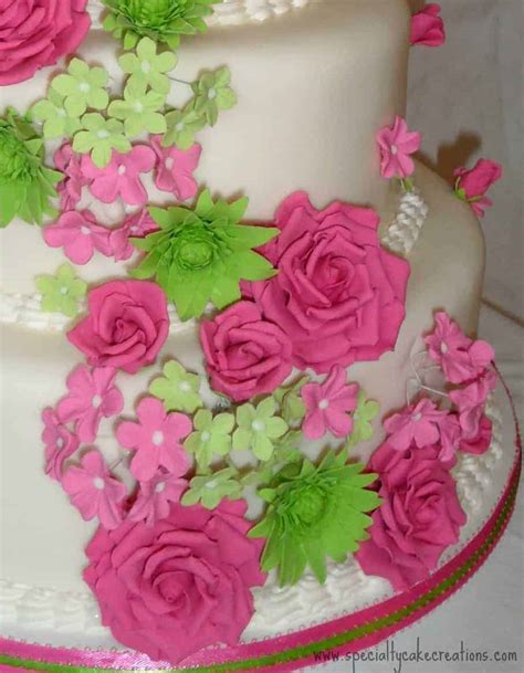 Hot Pink And Lime Green Cascading Flowers Wedding Cake