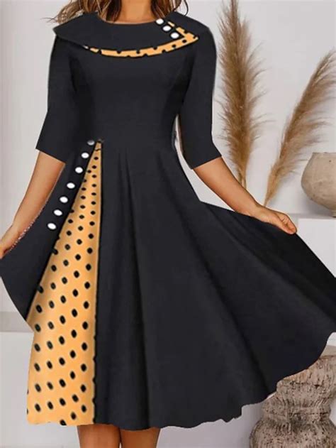 Women S A Line Dress Knee Length Dress Black Gray Half Sleeve Polka Dot Plaid Pocket Print