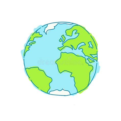 Hand Drawn Planet Earth Global Map With Green Sketch Continents And