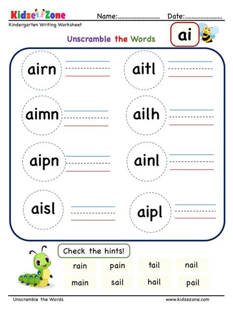 Unscramble sentence worksheets help children with reading and writing skills. Kindergarten ai word family Unscramble words worksheets