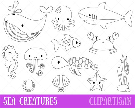 Sea Creatures Clipart Digital Stamp Whale Shark Turtle | Etsy | Digital