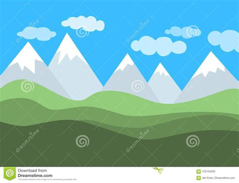 Simple Flat Vector Landscape With Mountains Green Hills And Blue