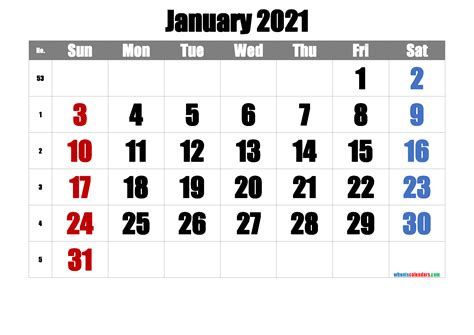 Printable January 2021 Calendar Free Premium