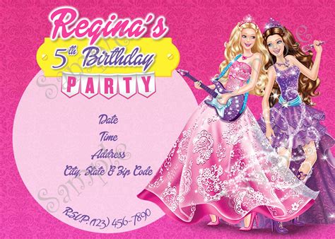 Barbie Princess And The Pop Star Birthday Invitation 5x7 Or 4x6 Inches Festa Barbie Festa Barbie
