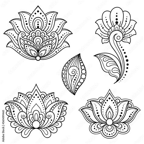 Set Of Mehndi Flower And Lotus Pattern For Henna Drawing And Tattoo Decoration In Ethnic