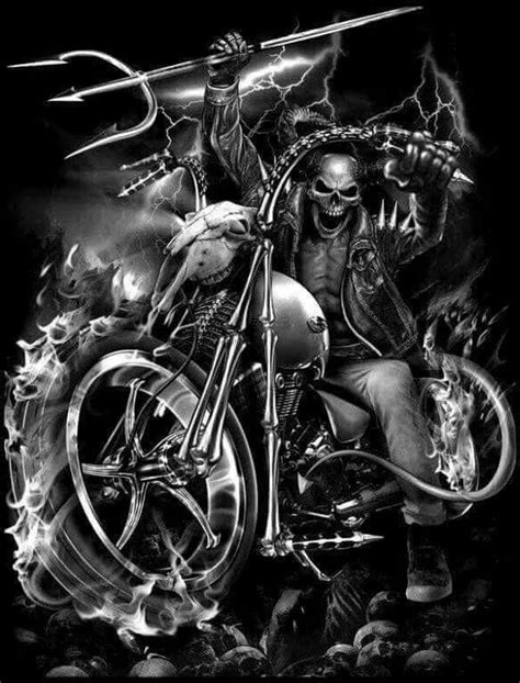 a black and white photo of a skeleton riding a motorcycle with flames in the background