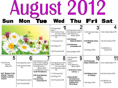 Maple Crest August Activity Calendar On The Icon Bluffton Icon