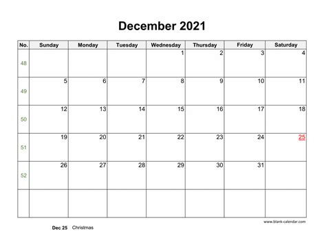 Download December 2021 Blank Calendar Horizontal