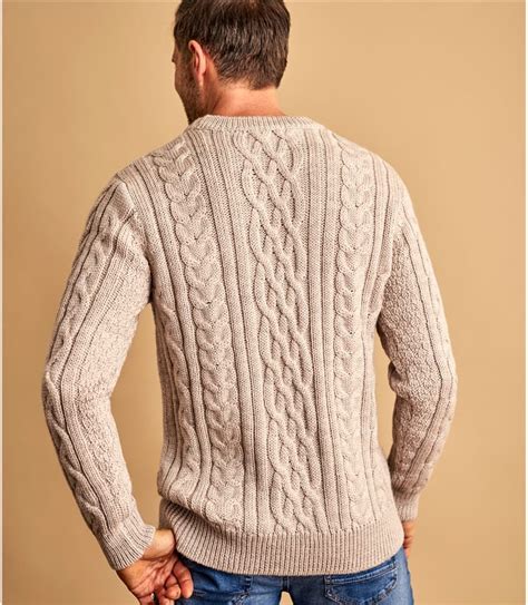Oatmeal Pure Wool Mens Pure Wool Aran Knitted Sweater