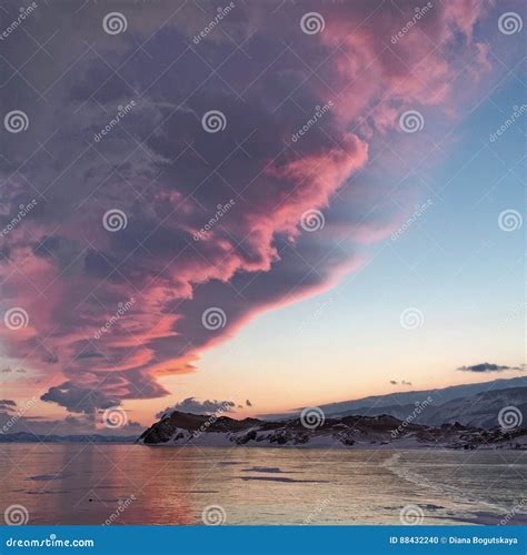 Incredible Fabulous Pink Blue Sunset Over Lake Baikal In The Winter