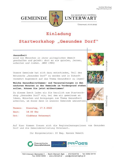 Einladung Startworkshop Gesundes Dorf Gemeinde Unterwart