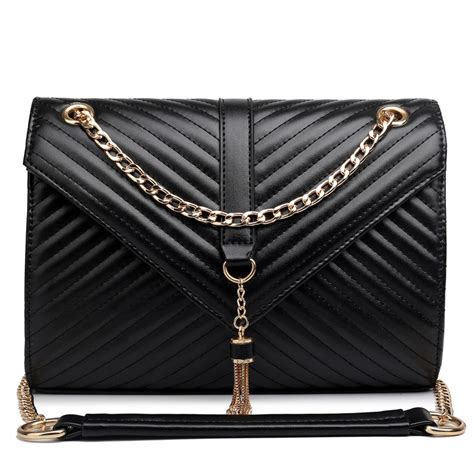 E1635 Miss Lulu Leather Look Quilted Chain Shoulder Bag Black