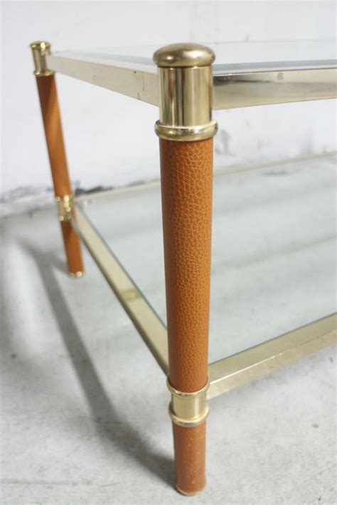 Table basse vintage LANCEL verre & cuir metal doré - Luckyfind