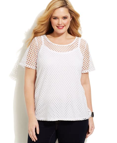 Inc International Concepts Plus Size Short Sleeve Mesh Top In White Lyst