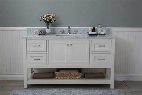 Add style and functionality to your bathroom with a bathroom vanity. White Shaker 60" Bathroom Vanity 4 Drawers 1 Sink Open ...