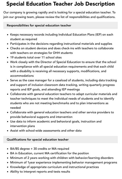 Special Education Teacher Job Description Velvet Jobs