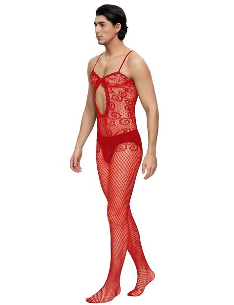 Sexy Red Crocheted Fishnet Bodystockings For Men Ohyeah