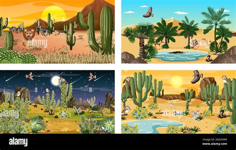 Four Different Desert Forest Landscape Scenes With Animals And Plants