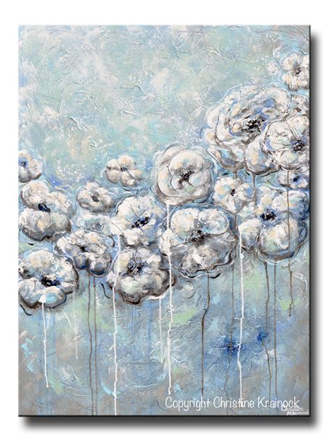 Giclee Print Art Abstract Blue White Flower Painting Canvas Print Aqua