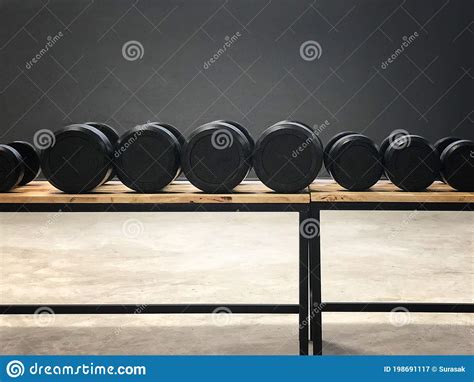 Black Dumbbell Set Close Up Many Metal Dumbbells In Sport Fitness