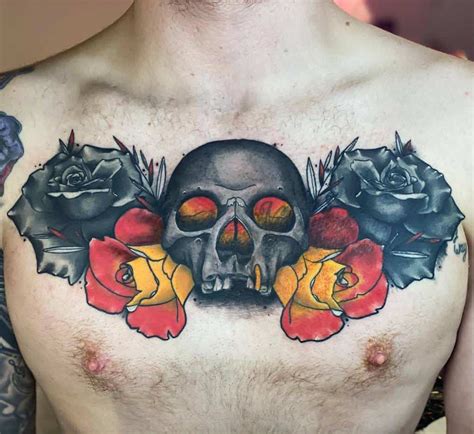 Skull And Rose Chest Tattoos